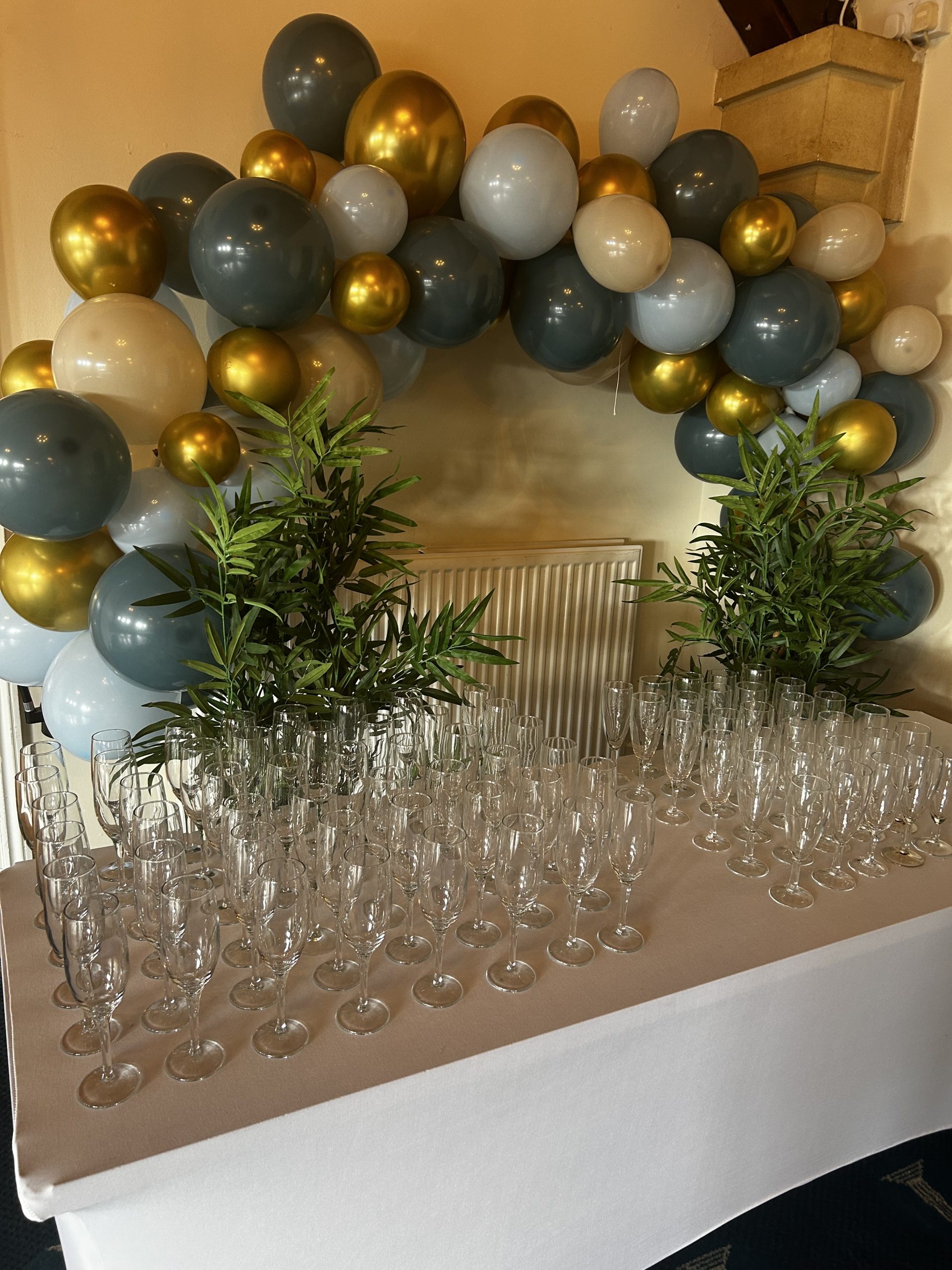 gala A table with many prosecco glasses lined across it, with a balloon arch above it.